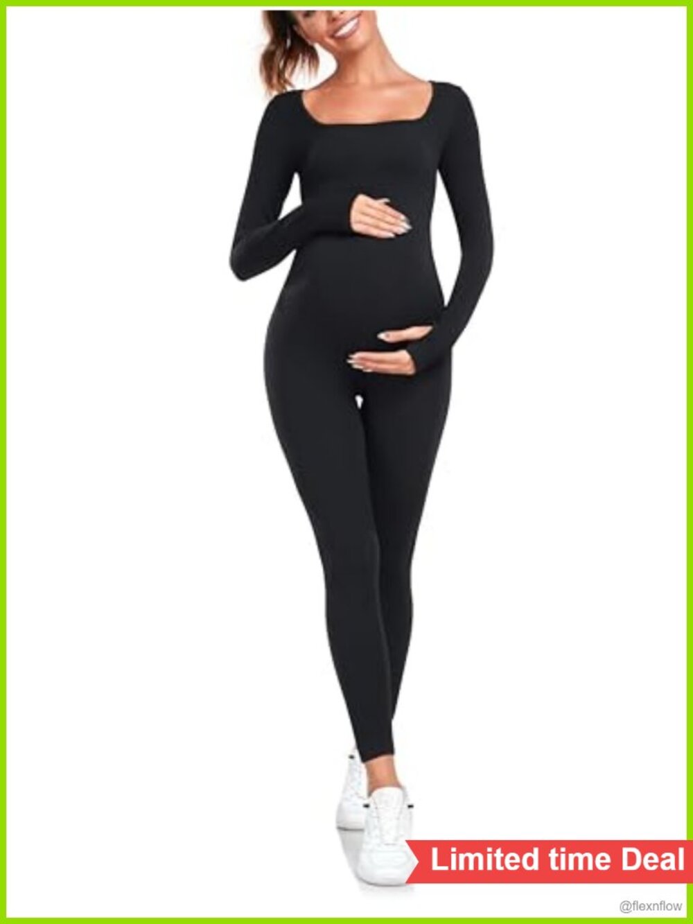 Maternity Seamless Ribbed Yoga Jumpsuit Square Neck Long Sleeve Bodysuit